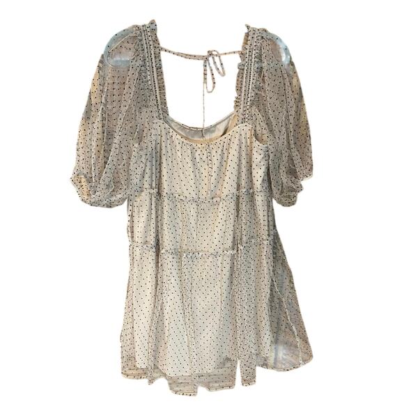 Arula X Swiss Dot Mesh Puff Sleeve Tiered Mini Dress Nude Black Polka Dot XL 14 - Picture 3 of 9